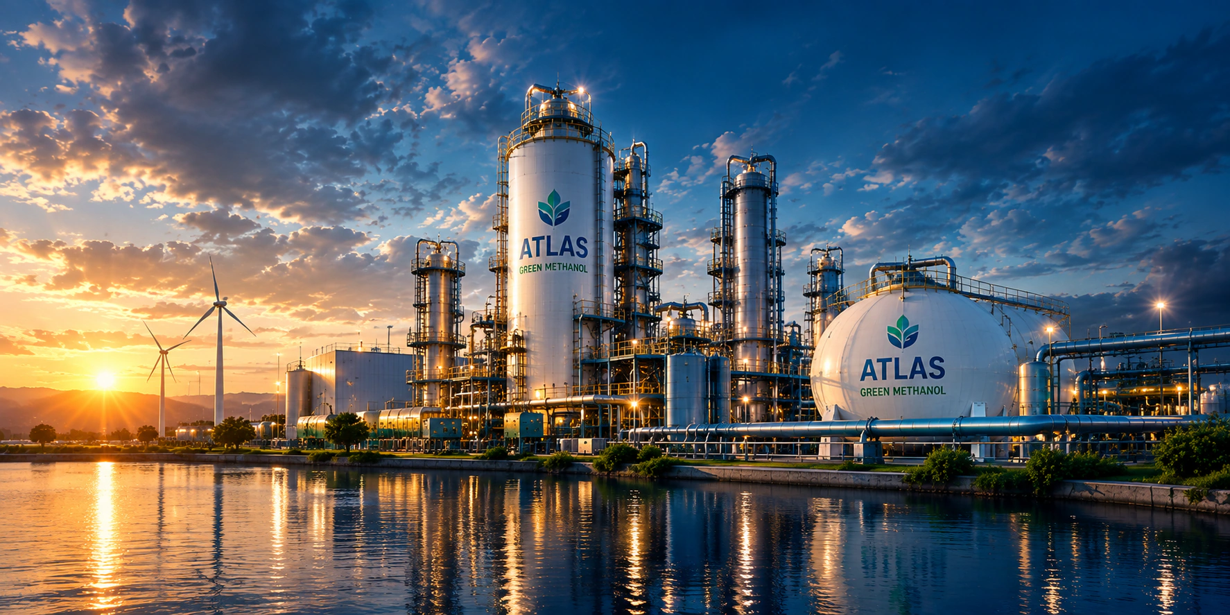 Green methanol production facility at sunset