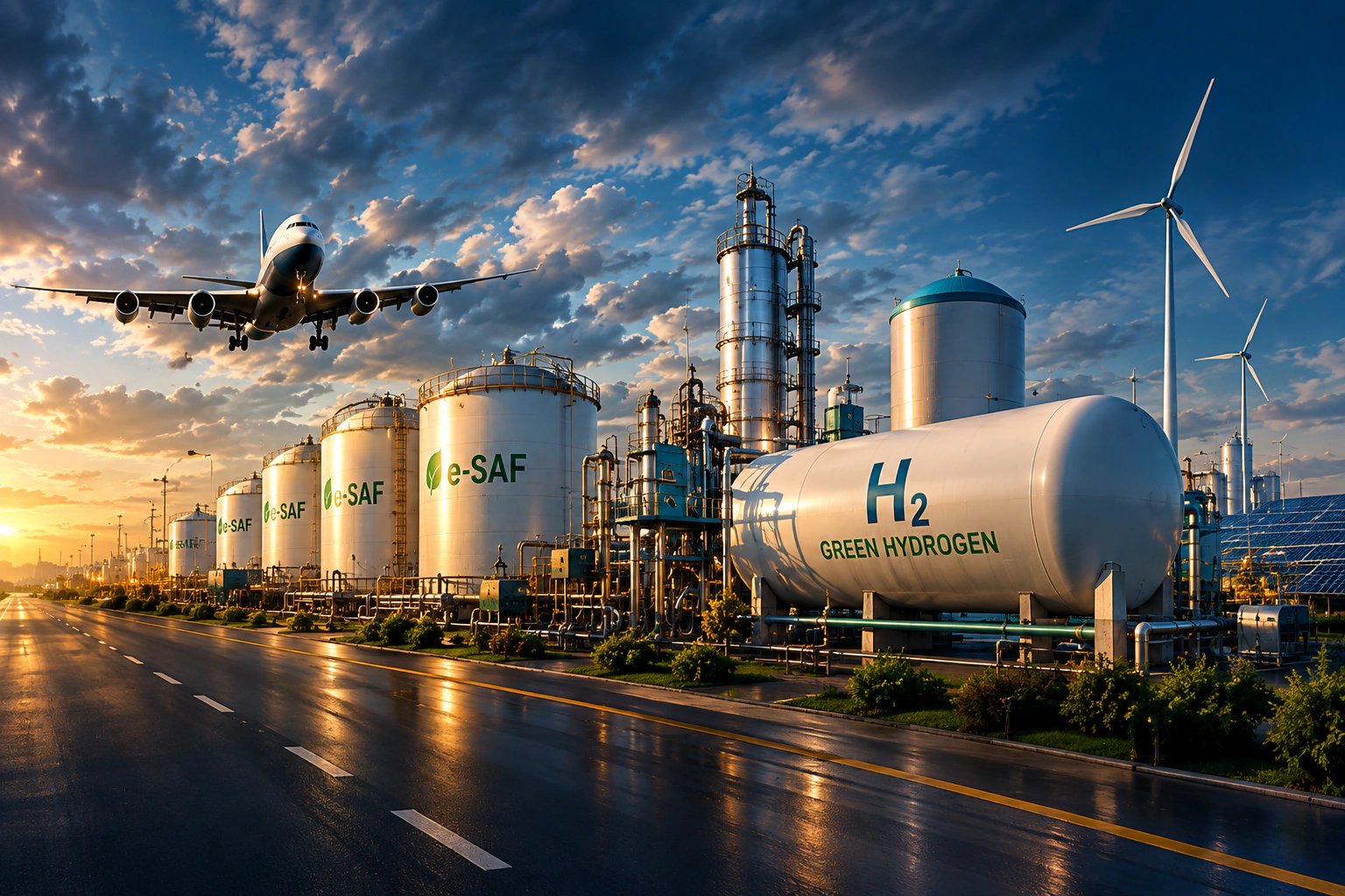 Sustainable aviation fuel facility with storage tanks and an aircraft