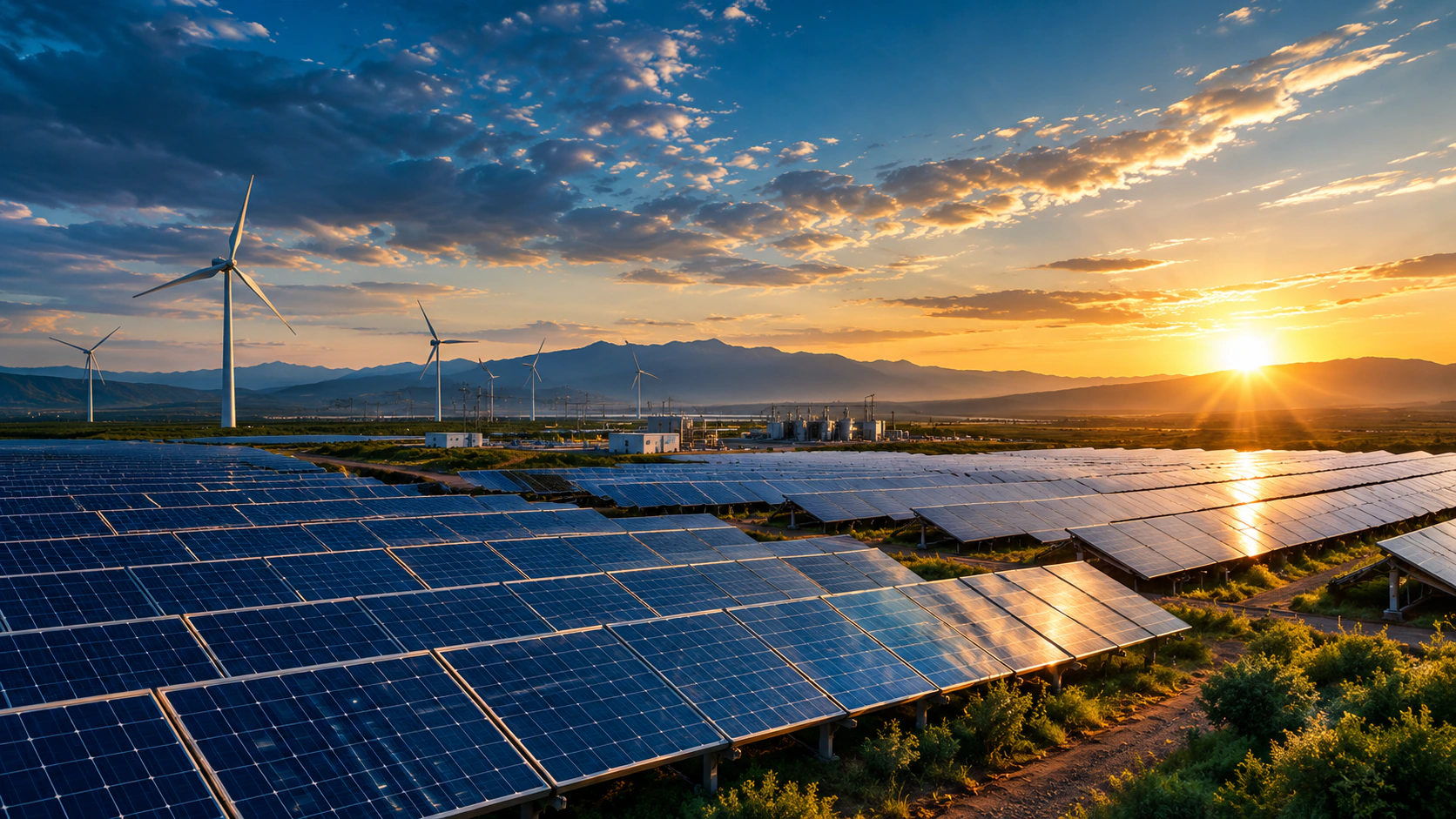 Solar energy farm at sunset